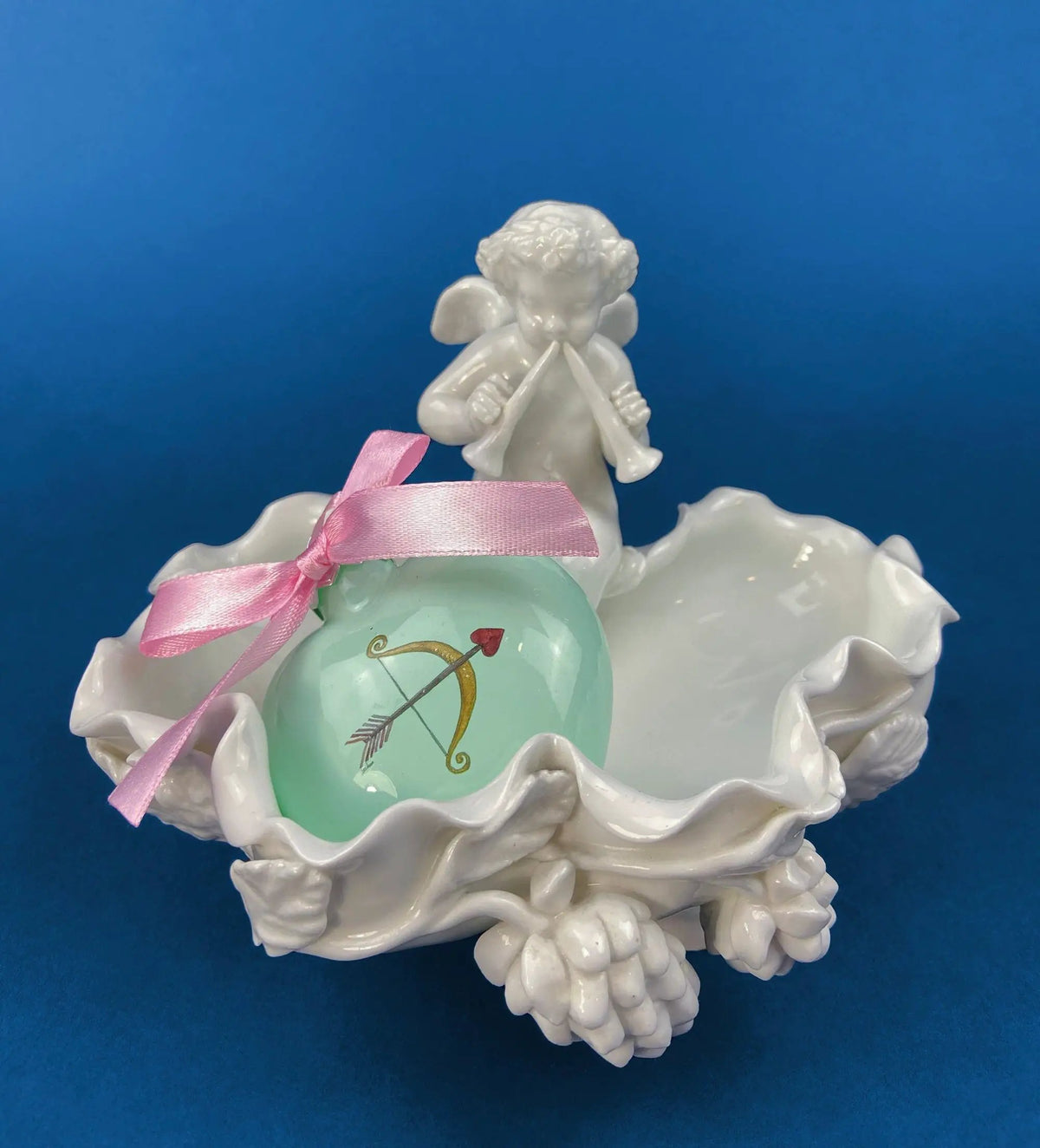 White Porcelain Cupid Soap Dish | Valentine Floral Detail | Heart Bowl | 5 Inch