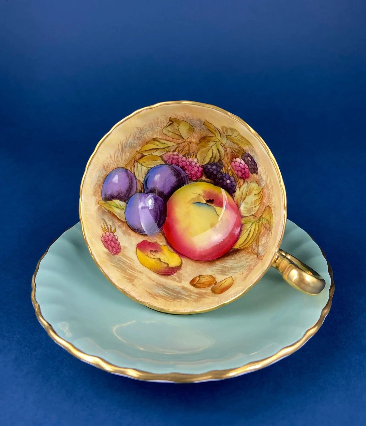 Vintage Mint Green and Gold Tea Cup & Saucer with Fruit Motif | Paragon Fine Bone China | Peaches, Plums, Berries | Gift for Him Her Tea Lover