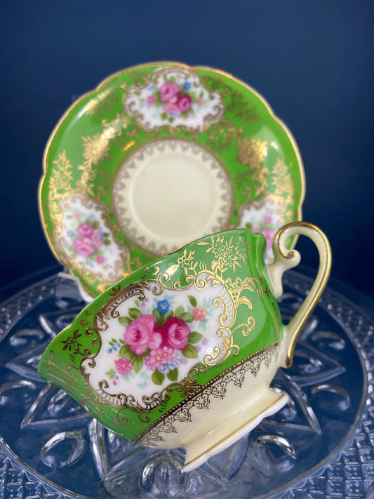 Antique Emerald Green Cup and Saucer | Occupied Japan | Floral Pattern | Collectors & Hosts