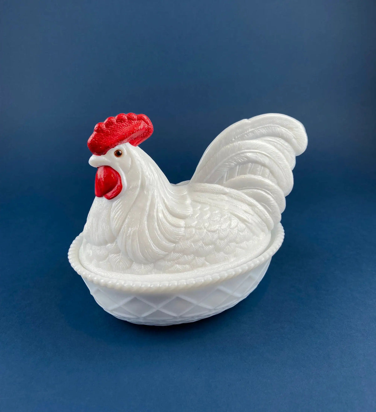 Milk Glass Rooster Covered Bowl | Lidded Butter Dish | 5.5 Inches | White