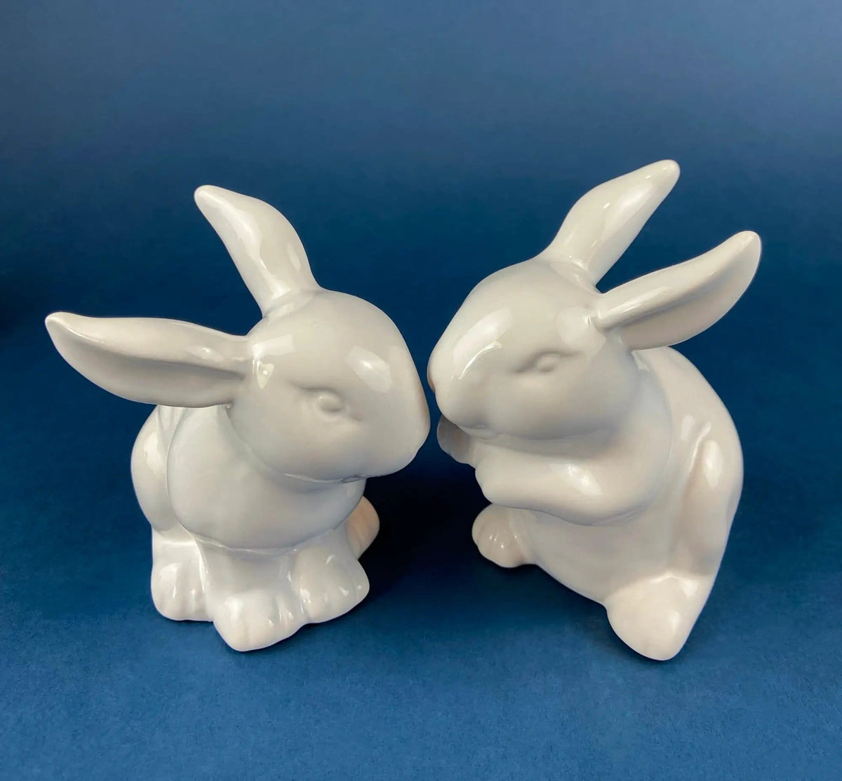 Family of White Porcelain Bunnies with Pink Ears & Eyes | 5 Small Figurines | Home Kids Room Decor | Gift for Him or Her