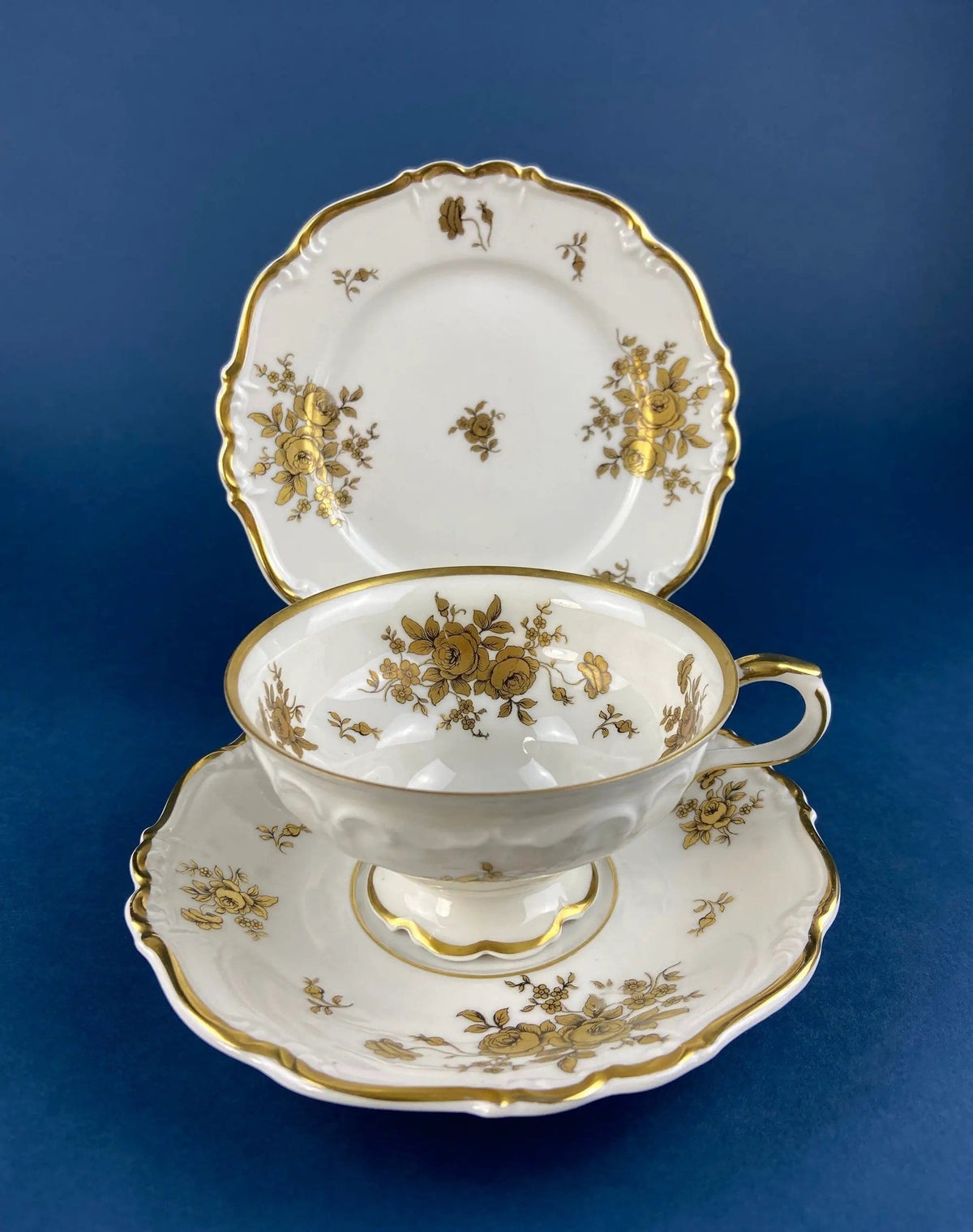 Stunning Antique White and Gold Tea Set Trio | Weimar Porcelain, Katharina Pattern | Hand Painted Floral Gold Trim | Collectors & Hosts
