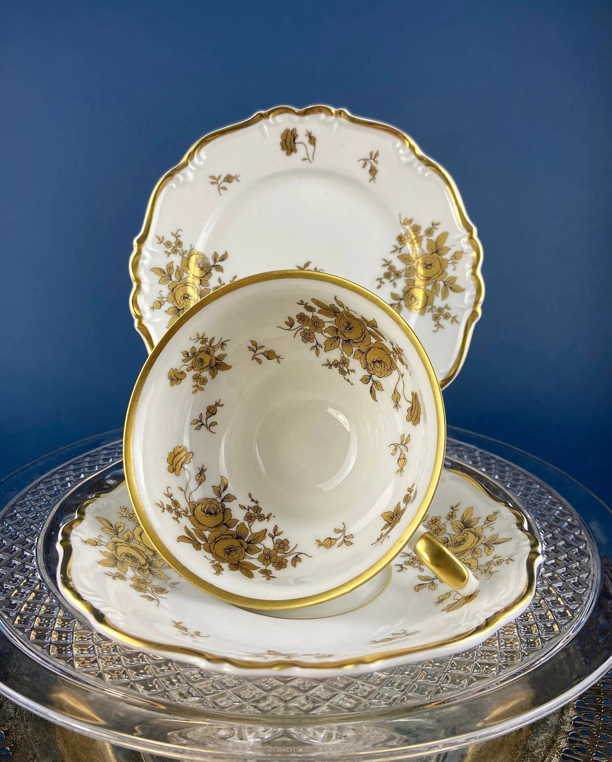 Stunning Antique White and Gold Tea Set Trio | Weimar Porcelain, Katharina Pattern | Hand Painted Floral Gold Trim | Collectors & Hosts