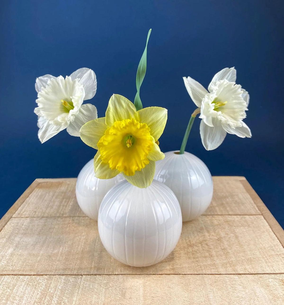 White Porcelain Vases | Set Of Three | Spherical Fluted Style | 3.25 Inches