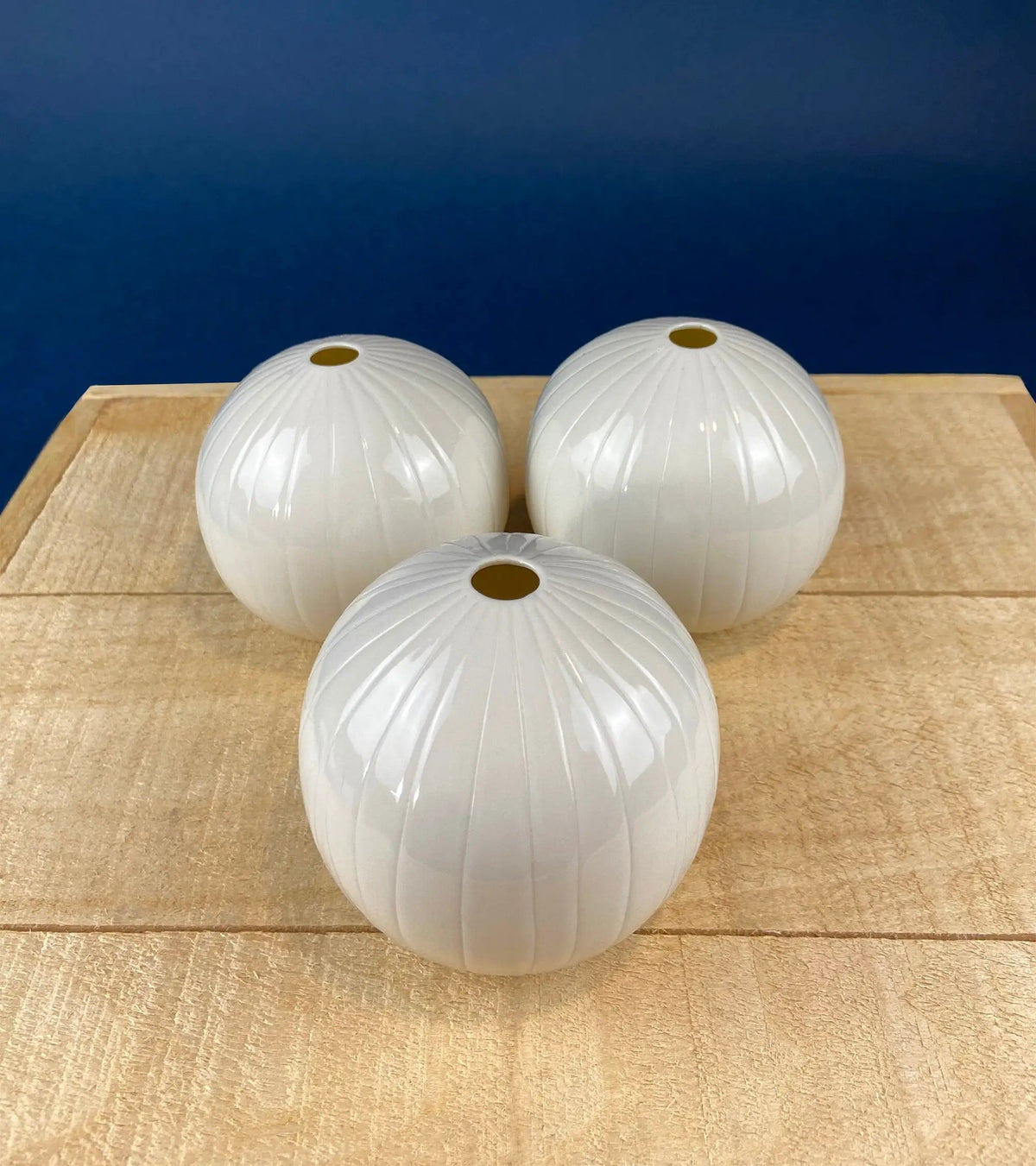 White Porcelain Vases | Set Of Three | Spherical Fluted Style | 3.25 Inches