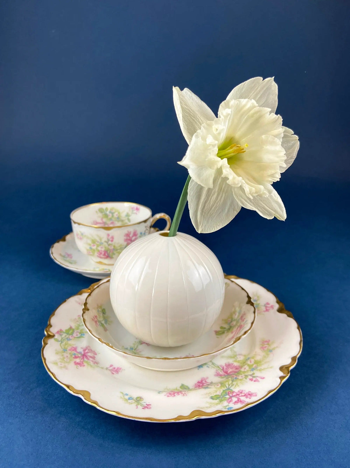 White Porcelain Vases | Set Of Three | Spherical Fluted Style | 3.25 Inches