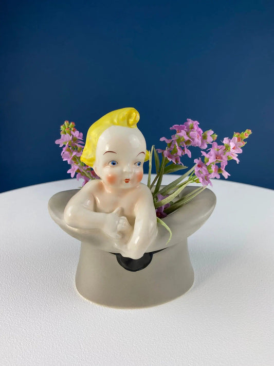 Vintage Blonde Baby Figurine in Top Hat: Royal Crown Planter | Vanity Tray | Collectible Vintage | Collectors & Hosts