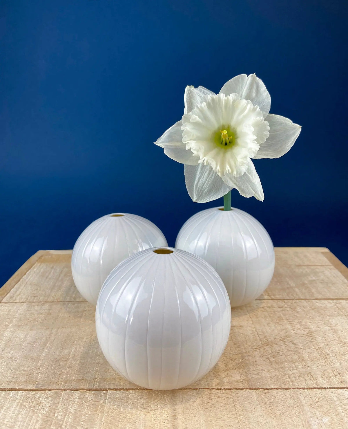 White Porcelain Vases | Set Of Three | Spherical Fluted Style | 3.25 Inches