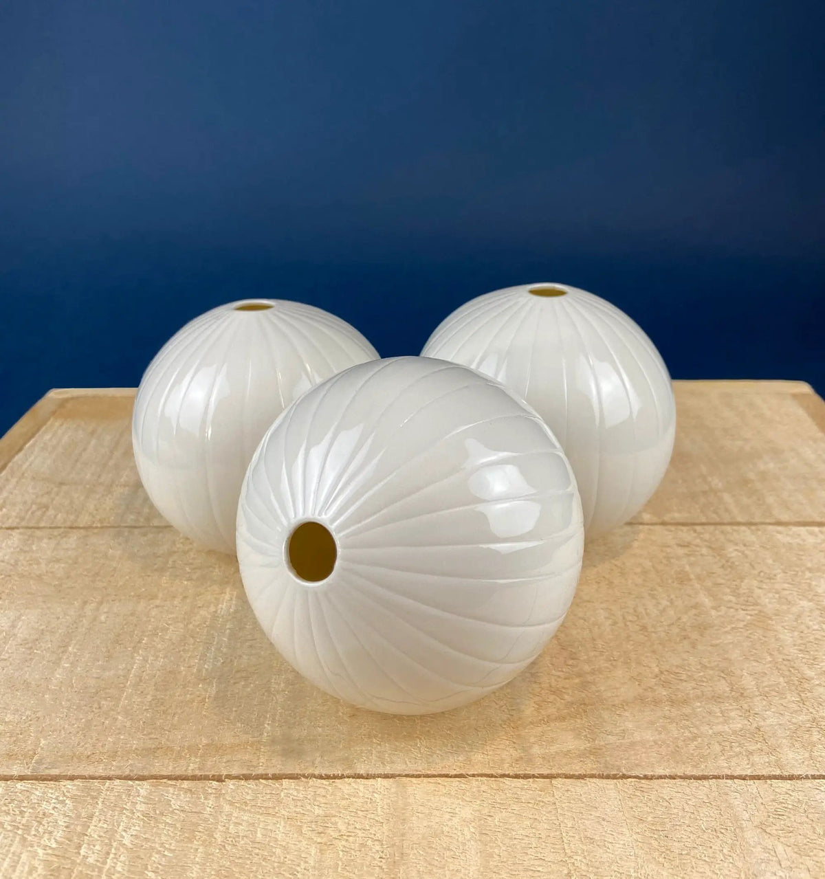 White Porcelain Vases | Set Of Three | Spherical Fluted Style | 3.25 Inches