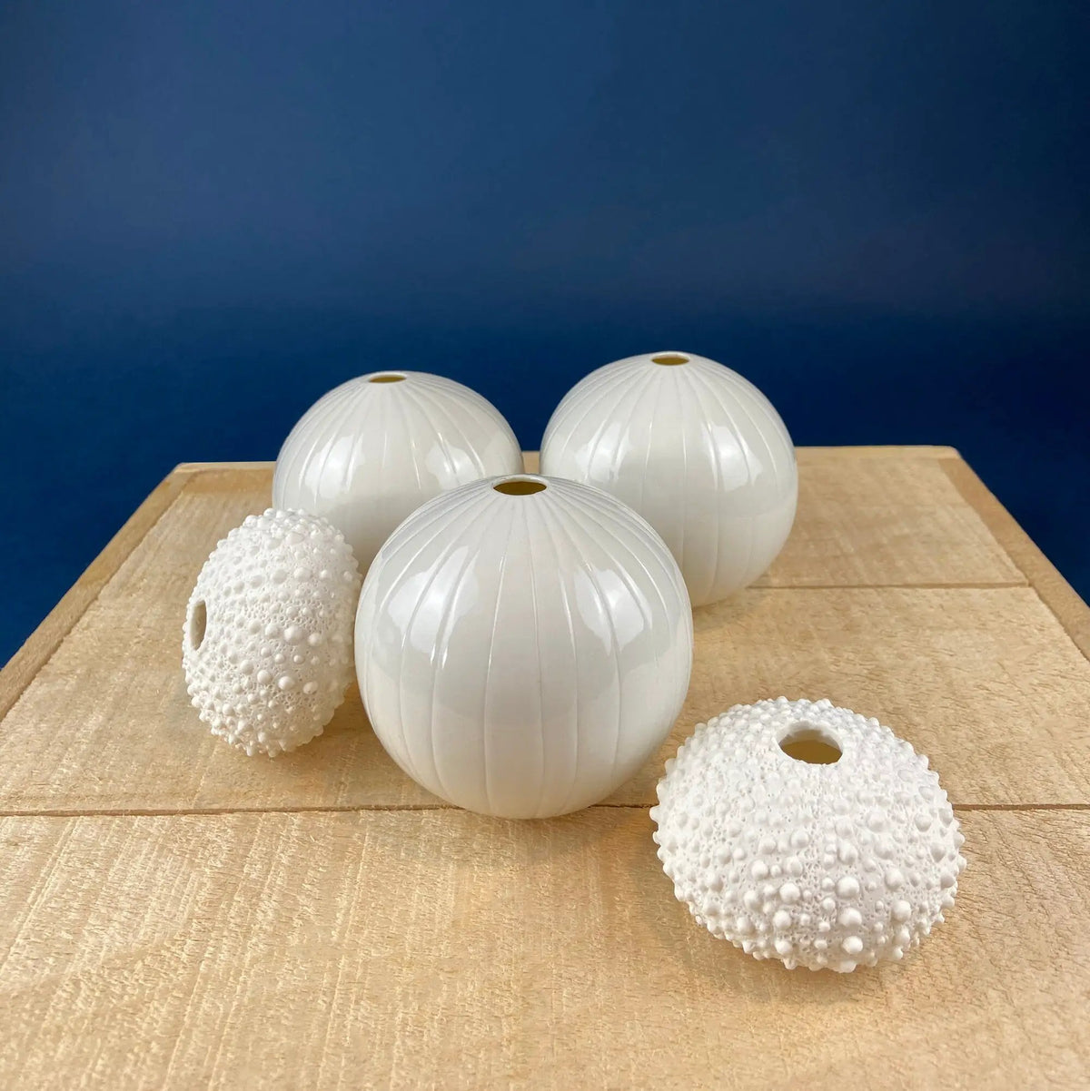 White Porcelain Vases | Set Of Three | Spherical Fluted Style | 3.25 Inches