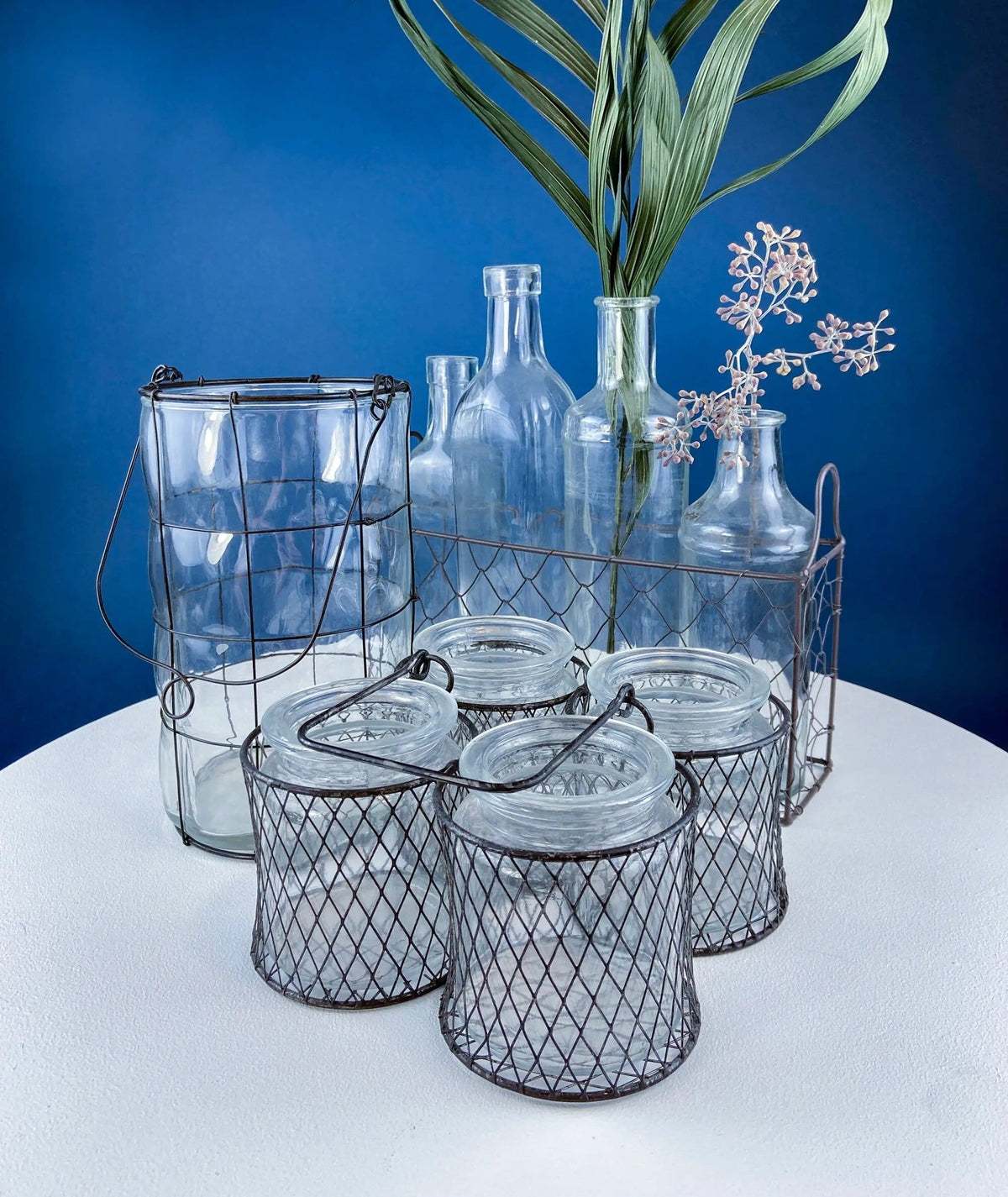 Collection of Rustic, Clear Glass Jars & Bottles with Metal Wire Baskets | Three Sets of Flower Vases or Candle Holders | Modern Farmhouse | Collectors & Hosts