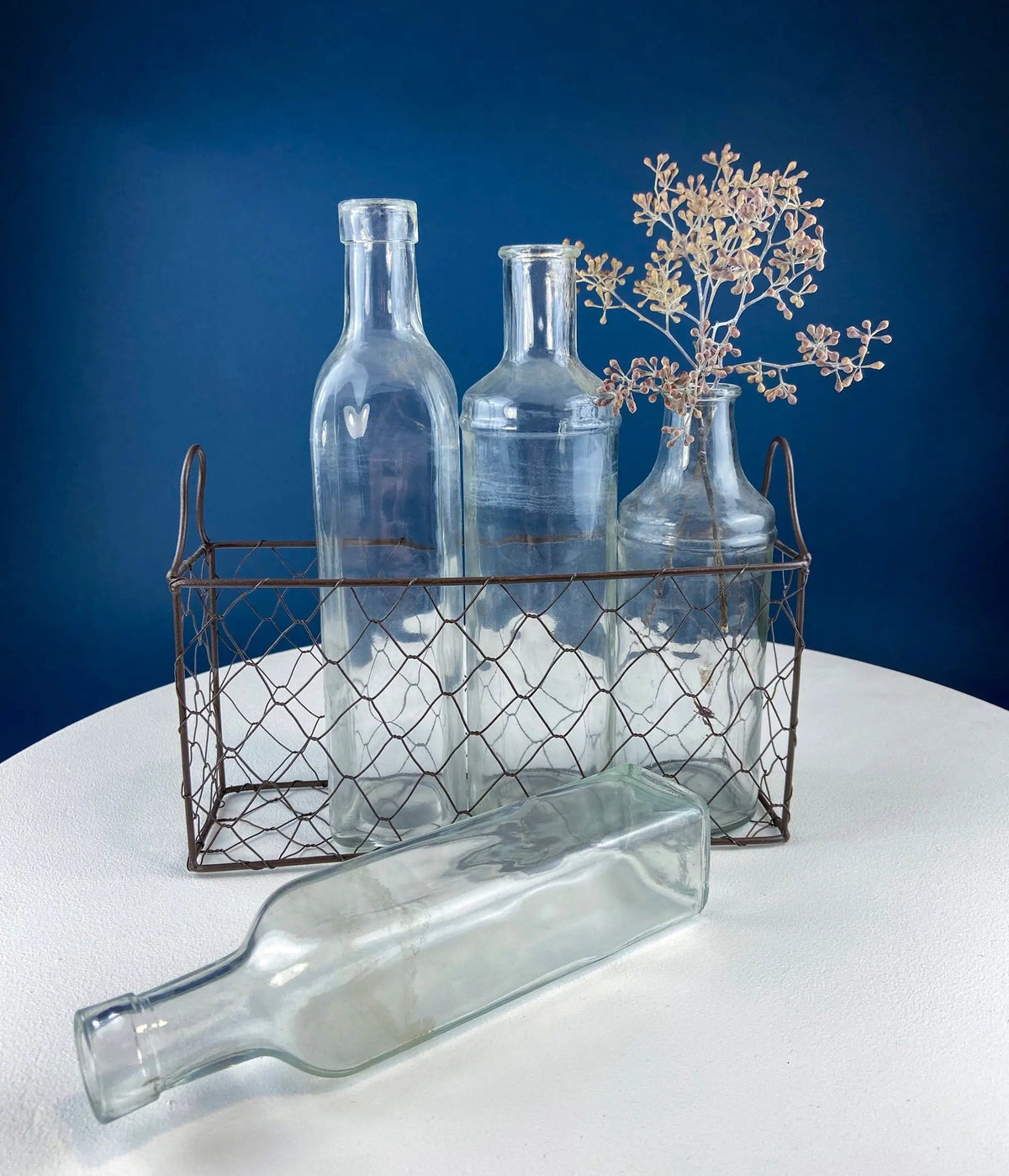 Collection of Rustic, Clear Glass Jars & Bottles with Metal Wire Baskets | Three Sets of Flower Vases or Candle Holders | Modern Farmhouse | Collectors & Hosts