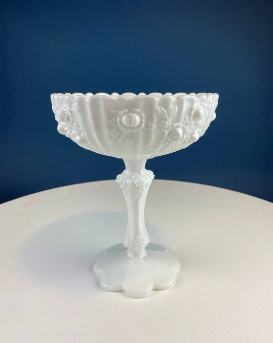 Milk Glass Floral Footed Bowl with Salloped Rim | White Compote with 3-D Roses | Serving Dish for Fruit or Nuts Bowl | Collectors & Hosts