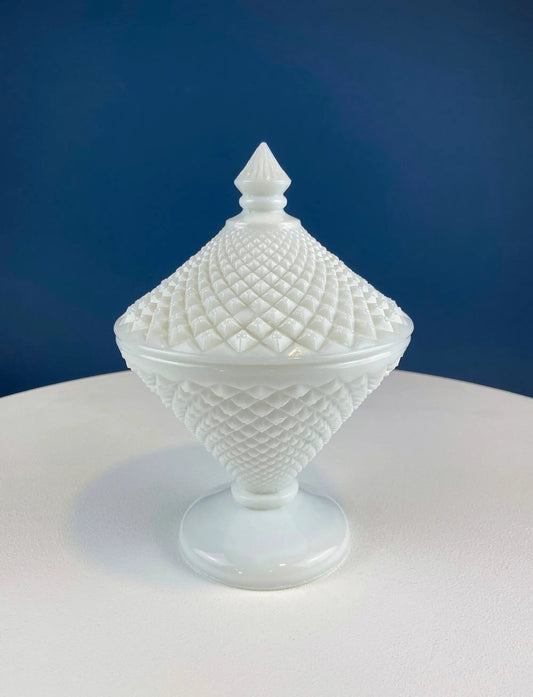 Milk Glass Bowl with Lid | Diamond Pattern, Cone Shaped Bowl with Cover | Trinket Compote for Dresser Top, Bathroom Accesories, Candy Dish | Collectors & Hosts