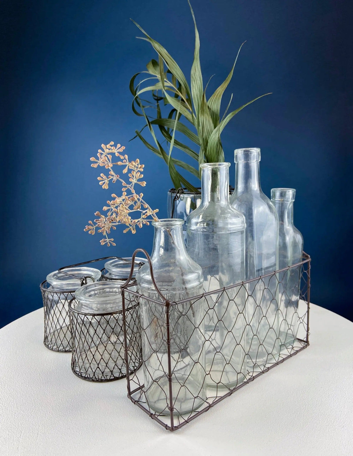 Collection of Rustic, Clear Glass Jars & Bottles with Metal Wire Baskets | Three Sets of Flower Vases or Candle Holders | Modern Farmhouse | Collectors & Hosts