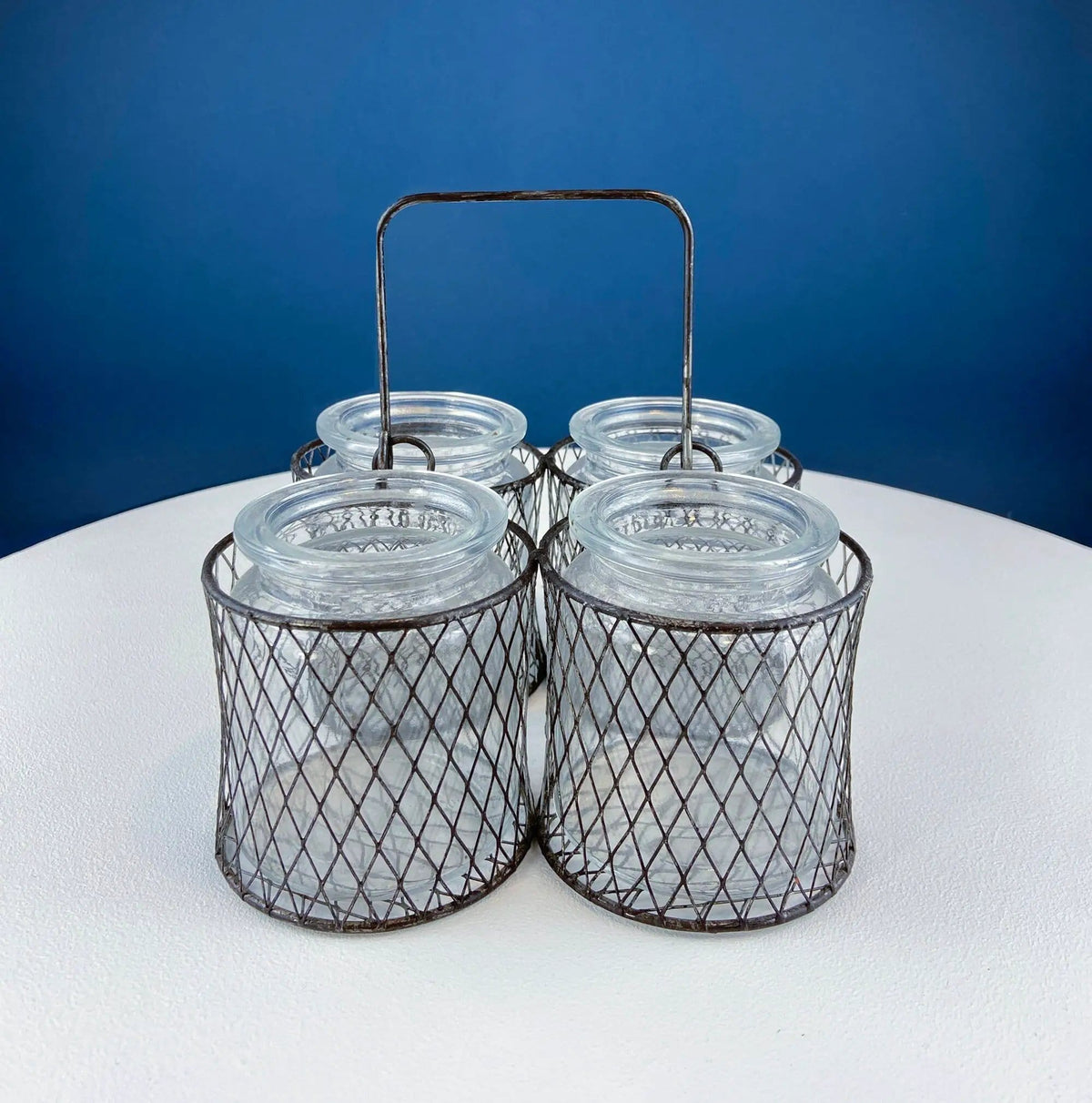 Collection of Rustic, Clear Glass Jars & Bottles with Metal Wire Baskets | Three Sets of Flower Vases or Candle Holders | Modern Farmhouse | Collectors & Hosts