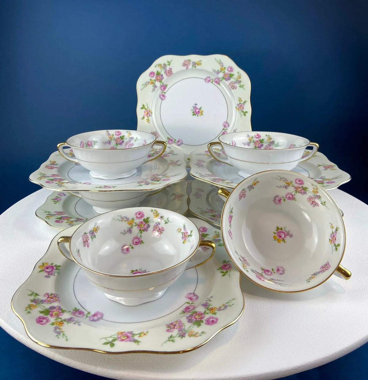 Porcelain Soup Bowls And Saucers | Noritake Allison | Wedding Band | Set Of 7