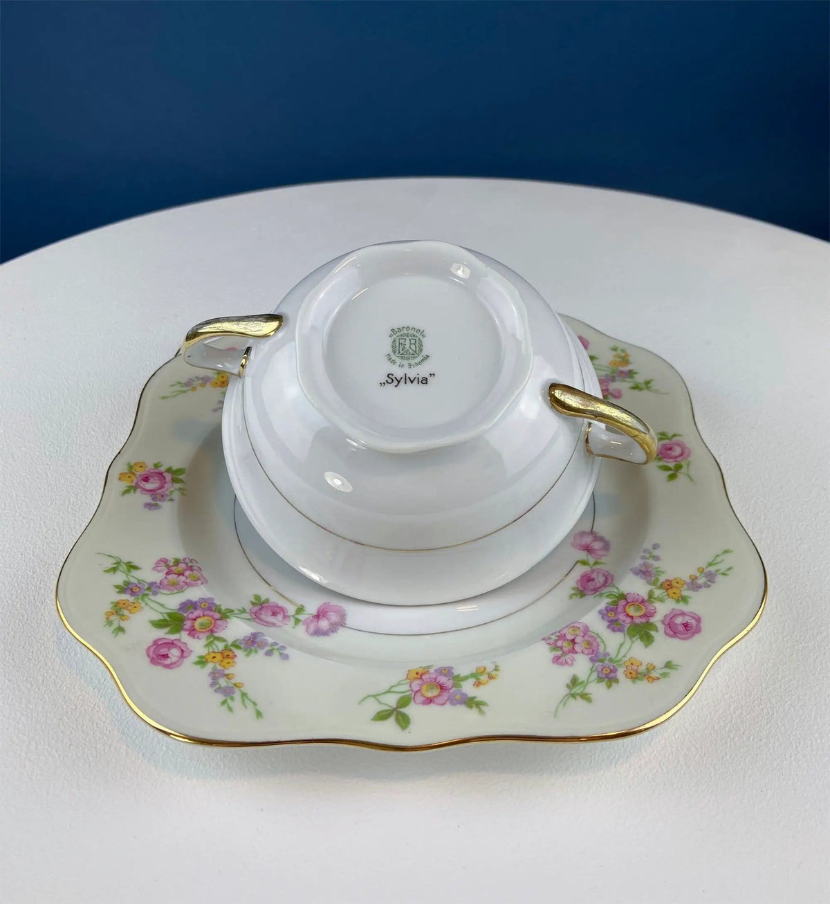 Antique Porcelain Bullion Bowls with Matching Square, 8.5" Dinner Plates | Set of 6 | Flower Garlands, Sylvia by F&B Baronet China, Bohemia | Collectors & Hosts