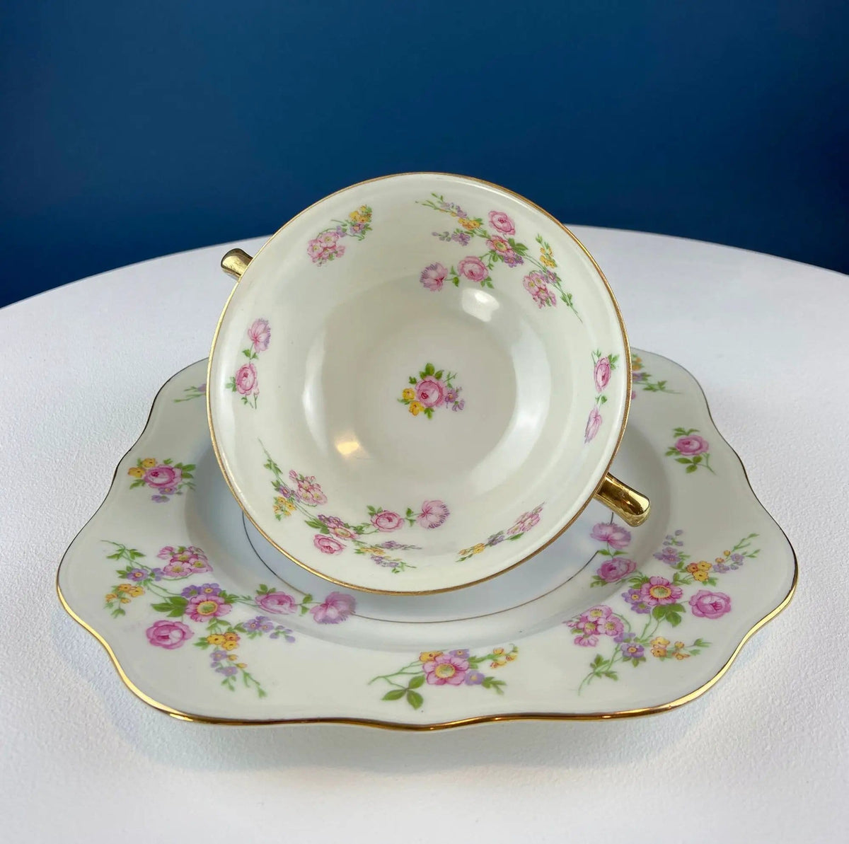 Antique Porcelain Bullion Bowls with Matching Square, 8.5" Dinner Plates | Set of 6 | Flower Garlands, Sylvia by F&B Baronet China, Bohemia | Collectors & Hosts