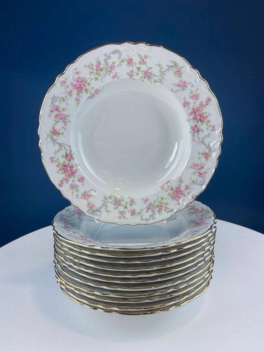 Antique Hutschenreuther Porcelain Soup Plates | Set of 12, Richelieu Rose Garlands Motif | Wedding Gift Idea | Collectors & Hosts
