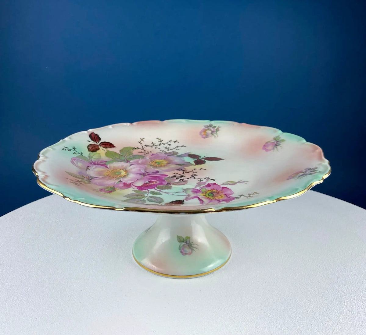 Vintage Porcelain Cake Stand | Hand Painted Tea Rose | 12 Inch Diameter