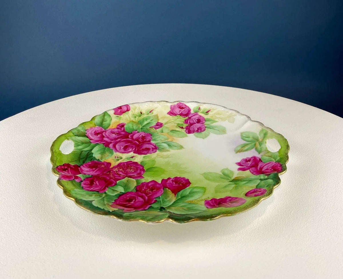 Antique 12" Serving or Decorative Plate | Hand Painted Pink Roses | Dining Room Wall Decor or Collectible Display | Collectors & Hosts