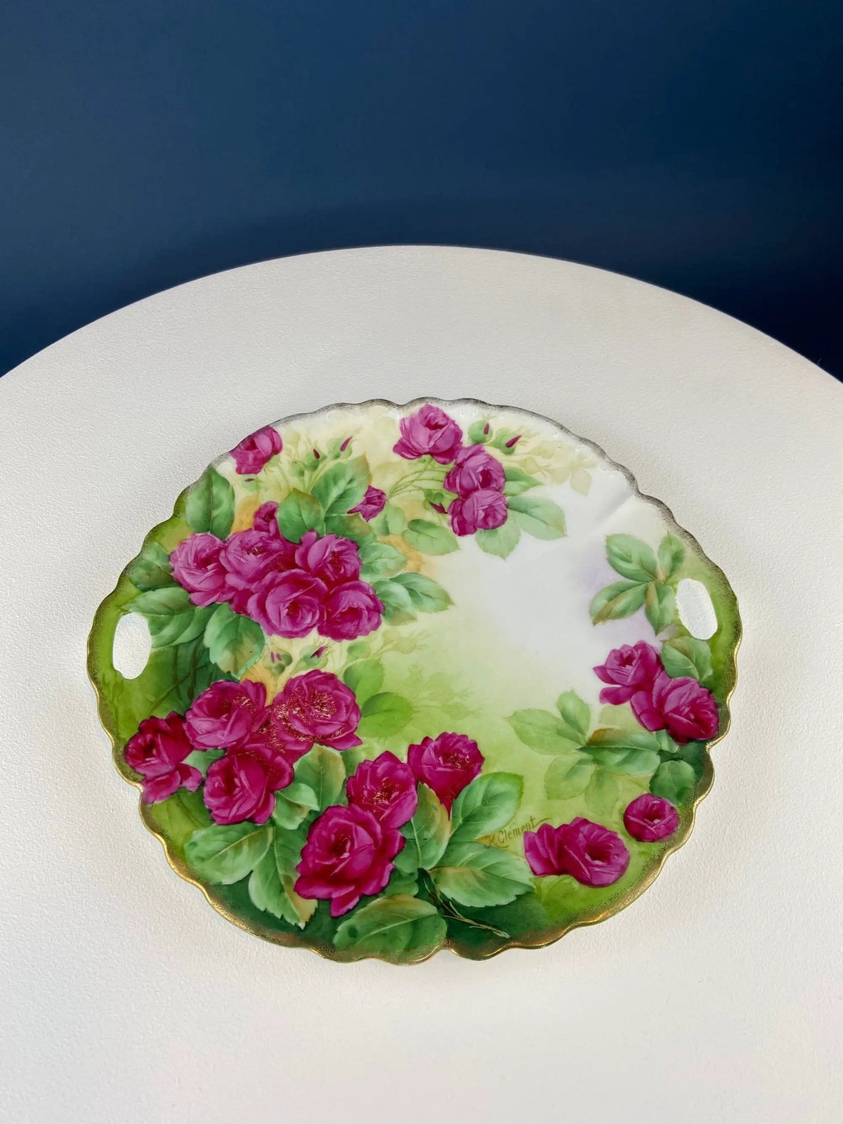 Antique 12" Serving or Decorative Plate | Hand Painted Pink Roses | Dining Room Wall Decor or Collectible Display | Collectors & Hosts