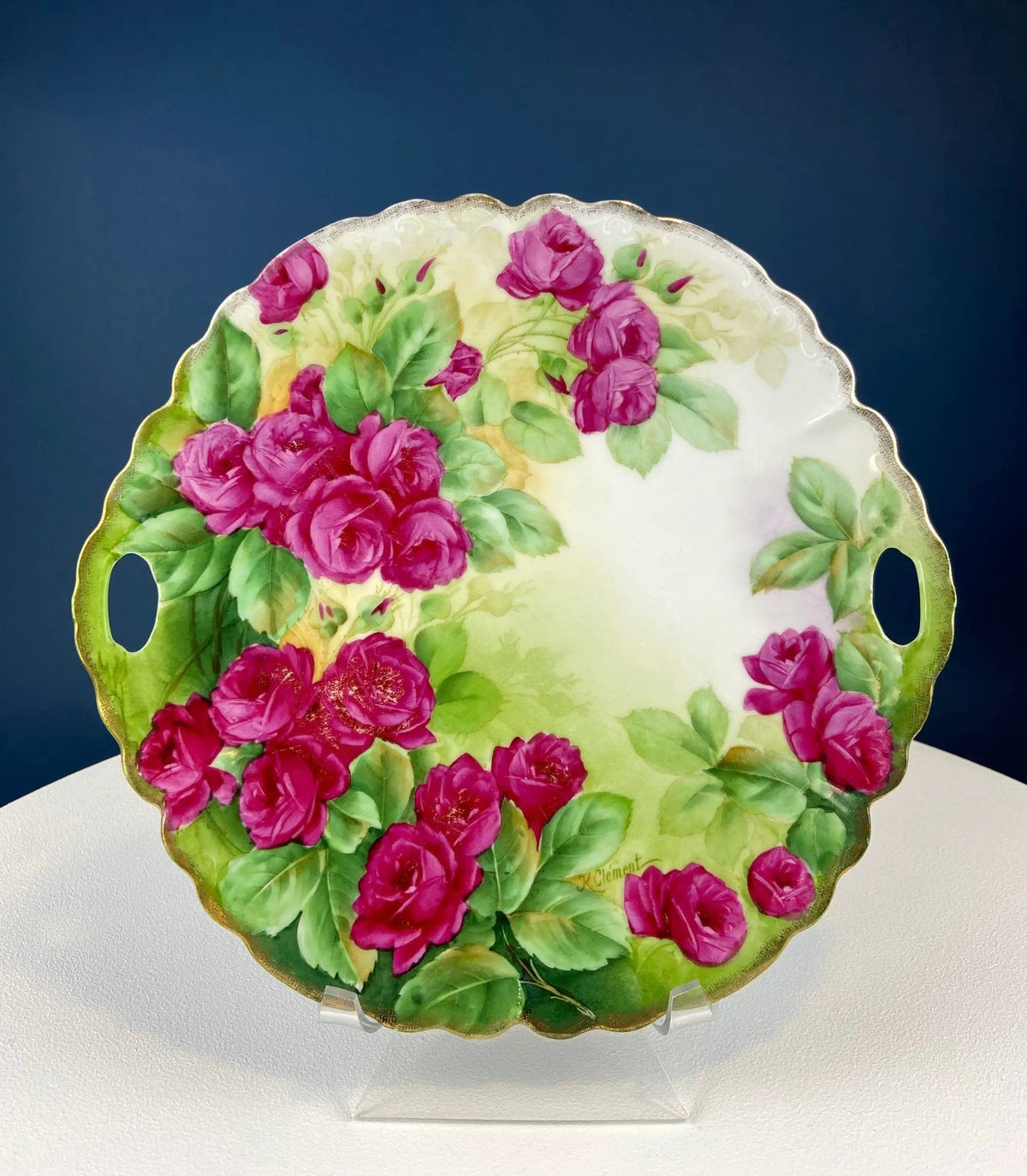 Antique 12" Serving or Decorative Plate | Hand Painted Pink Roses | Dining Room Wall Decor or Collectible Display | Collectors & Hosts