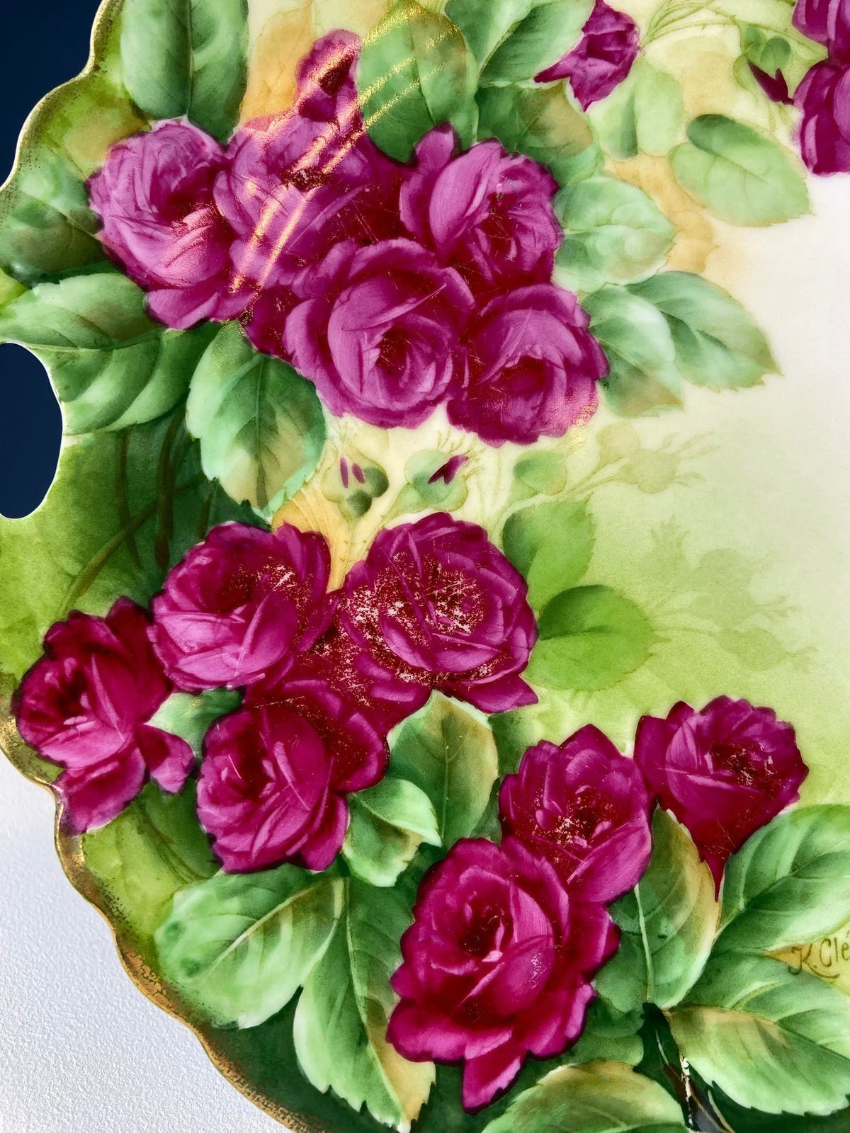 Antique 12" Serving or Decorative Plate | Hand Painted Pink Roses | Dining Room Wall Decor or Collectible Display | Collectors & Hosts