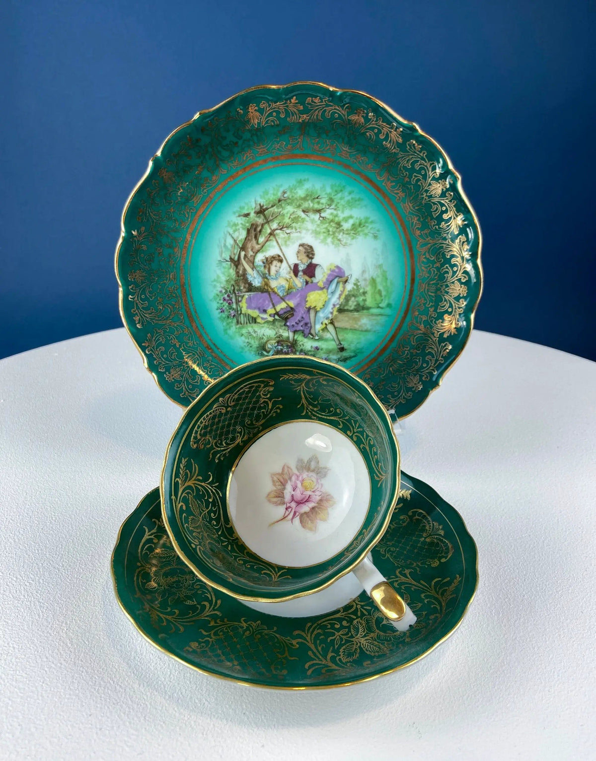 Vintage Tea Cup Trio | Deep Green Porcelain | Handpainted | 3.75 Inch