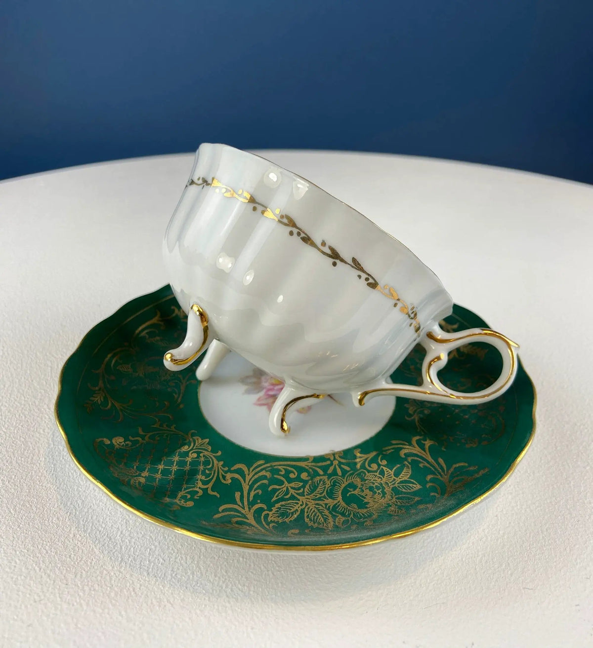 Vintage Tea Cup Trio | Deep Green Porcelain | Handpainted | 3.75 Inch