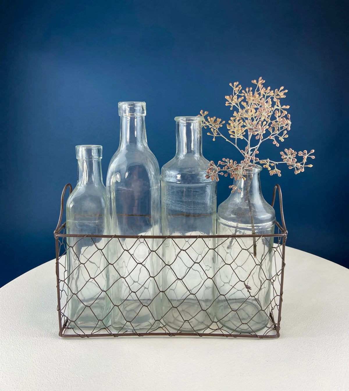 Collection of Rustic, Clear Glass Jars & Bottles with Metal Wire Baskets | Three Sets of Flower Vases or Candle Holders | Modern Farmhouse | Collectors & Hosts