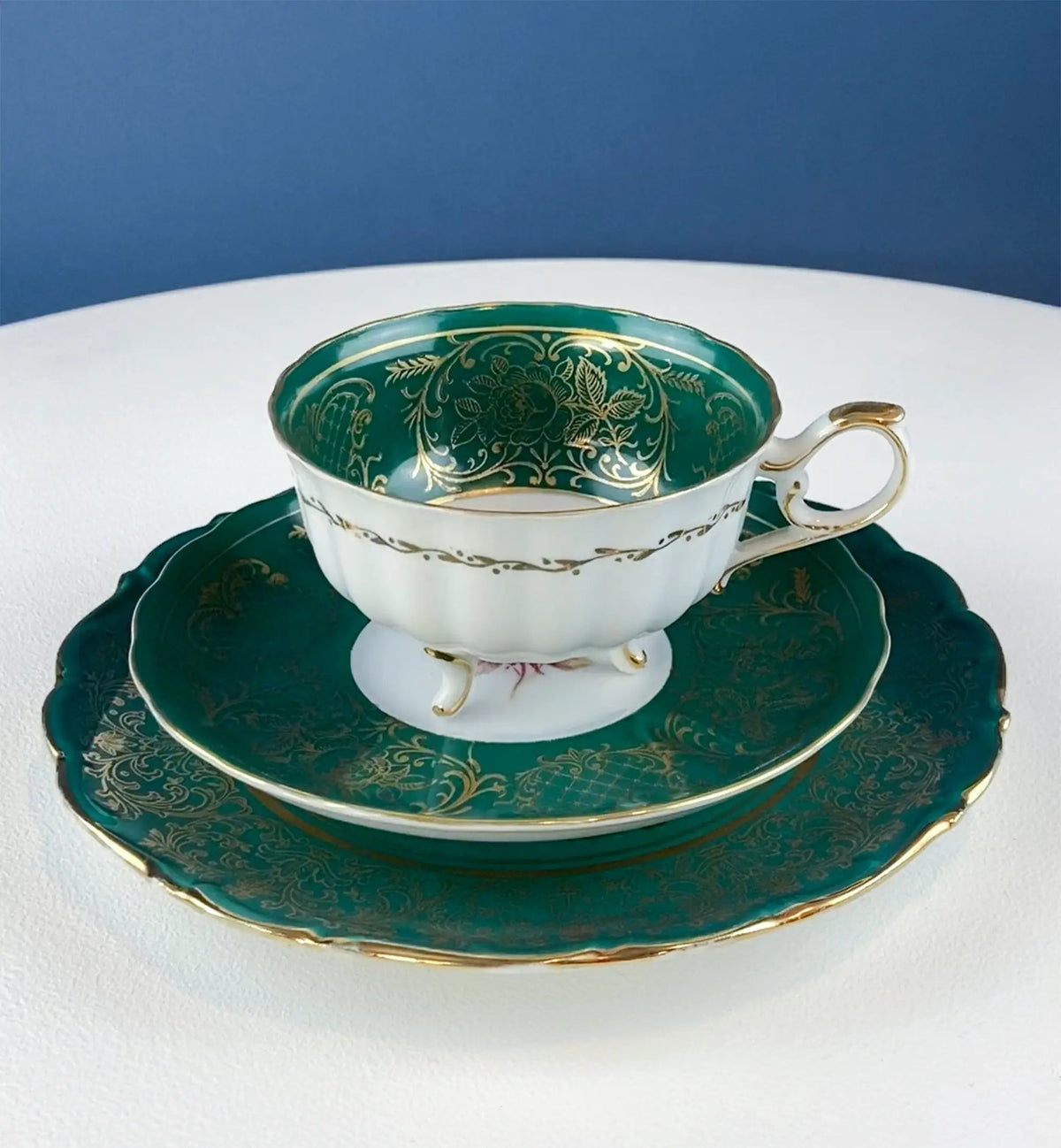 Vintage Tea Cup Trio | Deep Green Porcelain | Handpainted | 3.75 Inch