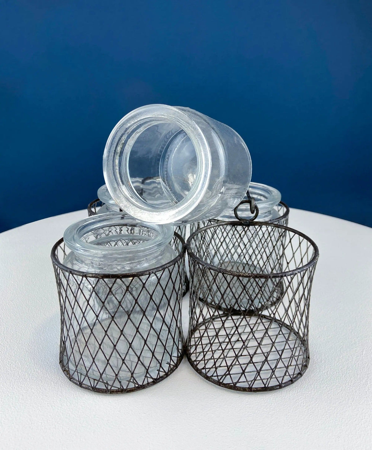 Collection of Rustic, Clear Glass Jars & Bottles with Metal Wire Baskets | Three Sets of Flower Vases or Candle Holders | Modern Farmhouse | Collectors & Hosts