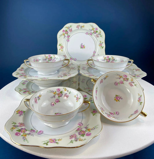 Antique Porcelain Bullion Bowls with Matching Square, 8.5" Dinner Plates | Set of 6 | Flower Garlands, Sylvia by F&B Baronet China, Bohemia | Collectors & Hosts