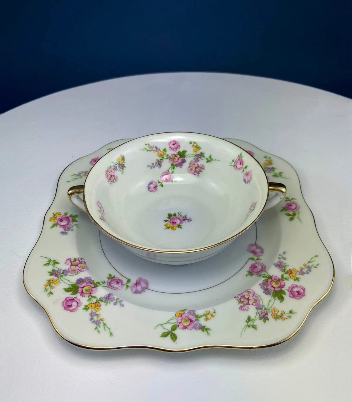 Antique Porcelain Bullion Bowls with Matching Square, 8.5" Dinner Plates | Set of 6 | Flower Garlands, Sylvia by F&B Baronet China, Bohemia | Collectors & Hosts