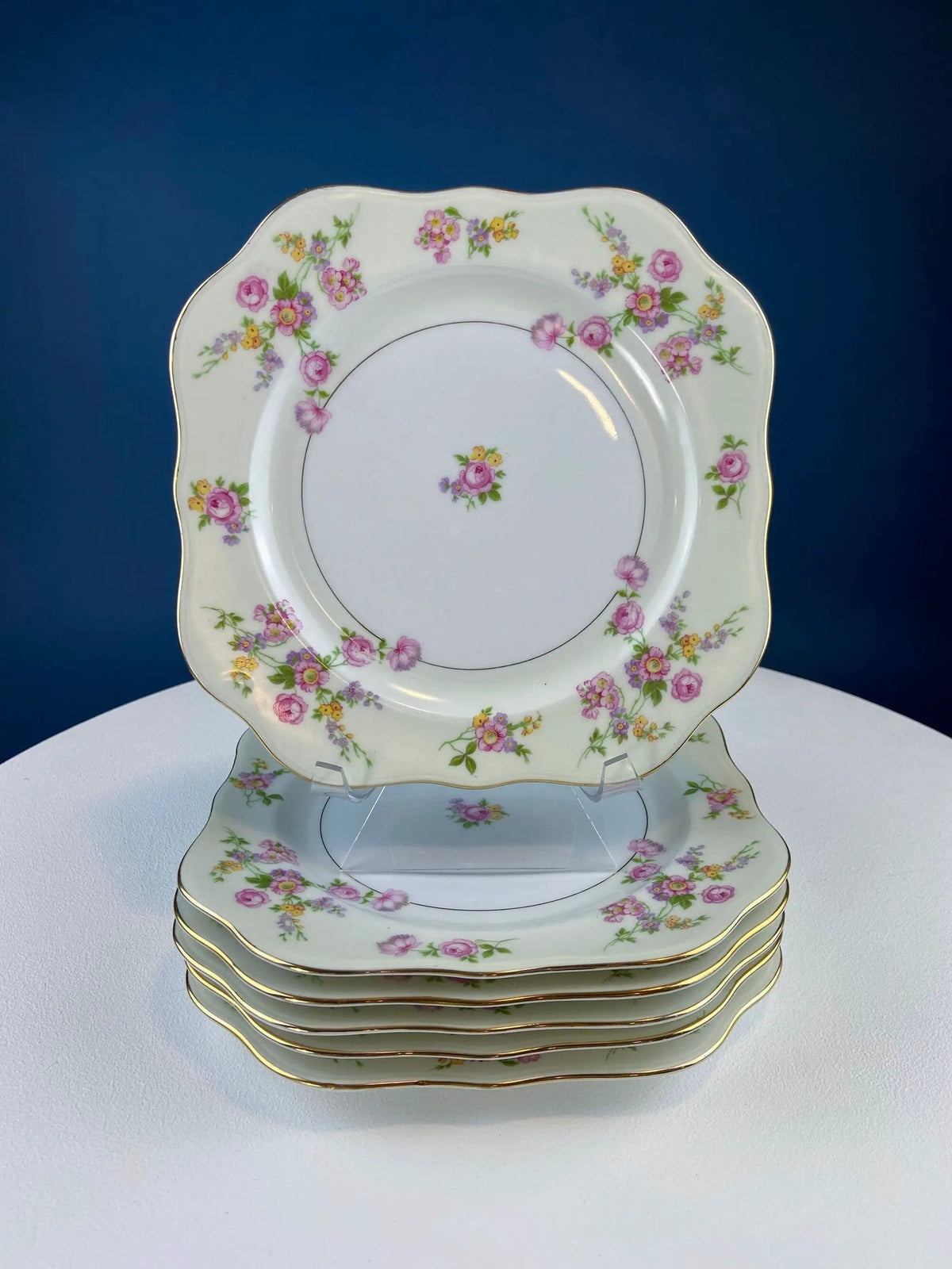 Antique Porcelain Bullion Bowls with Matching Square, 8.5" Dinner Plates | Set of 6 | Flower Garlands, Sylvia by F&B Baronet China, Bohemia | Collectors & Hosts