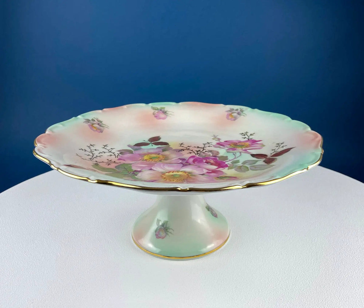 Vintage Porcelain Cake Stand | Hand Painted Tea Rose | 12 Inch Diameter