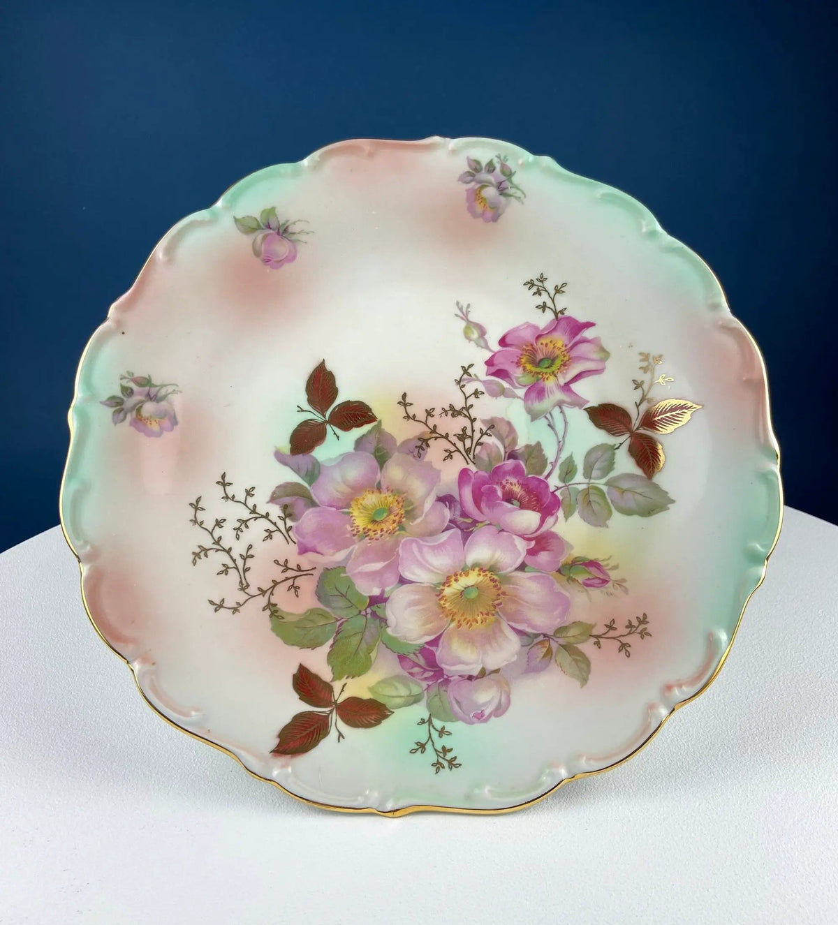 Vintage Porcelain Cake Stand | Hand Painted Tea Rose | 12 Inch Diameter