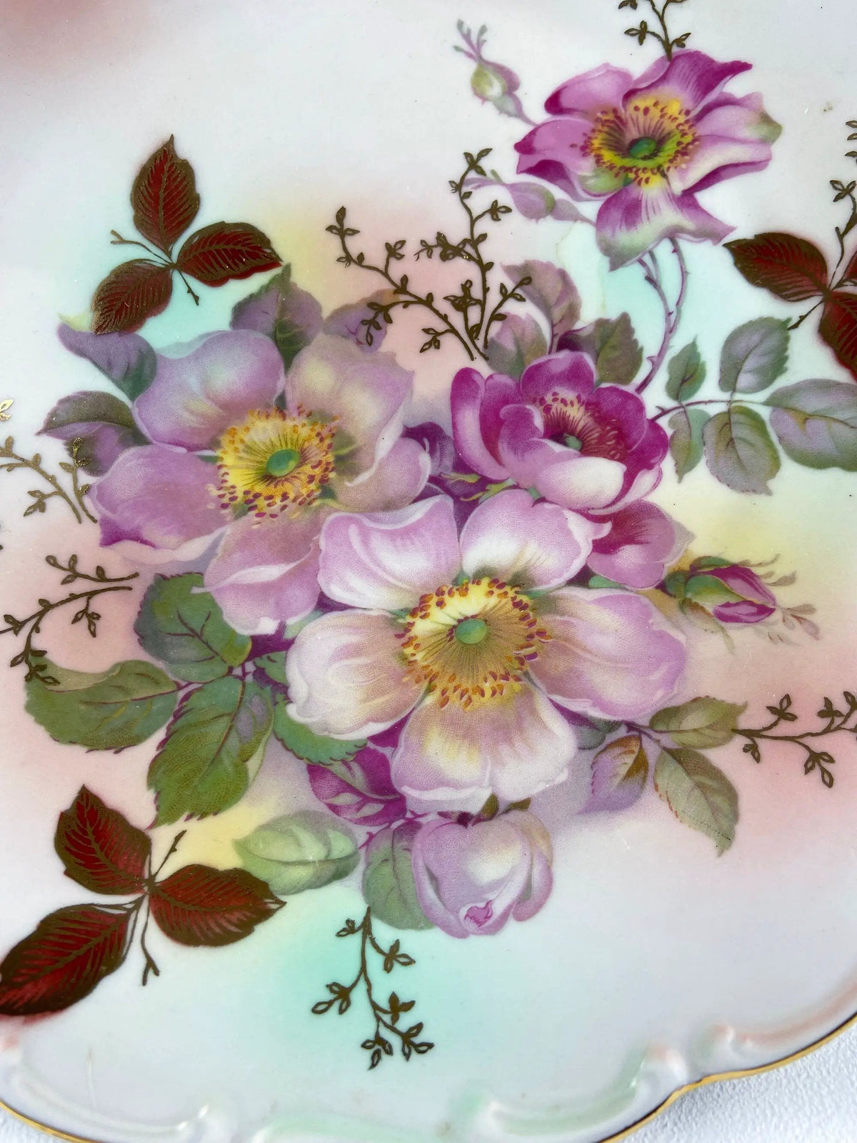 Vintage Porcelain Cake Stand | Hand Painted Tea Rose | 12 Inch Diameter
