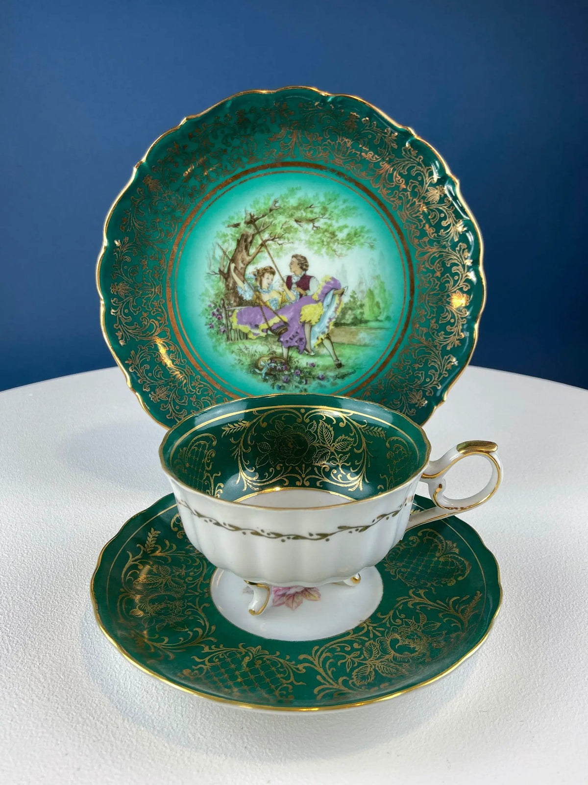 Vintage Tea Cup Trio | Deep Green Porcelain | Handpainted | 3.75 Inch