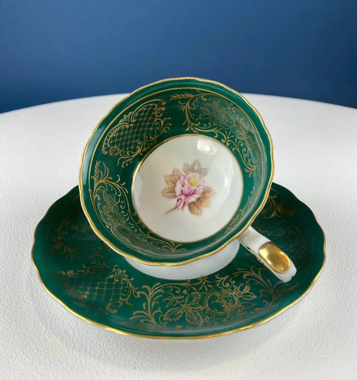 Vintage Tea Cup Trio | Deep Green Porcelain | Handpainted | 3.75 Inch