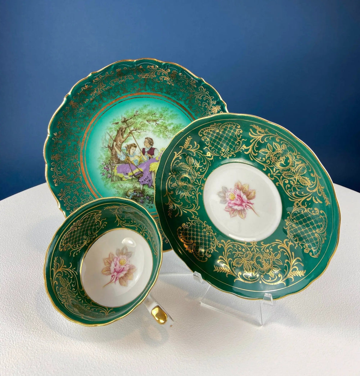Vintage Tea Cup Trio | Deep Green Porcelain | Handpainted | 3.75 Inch