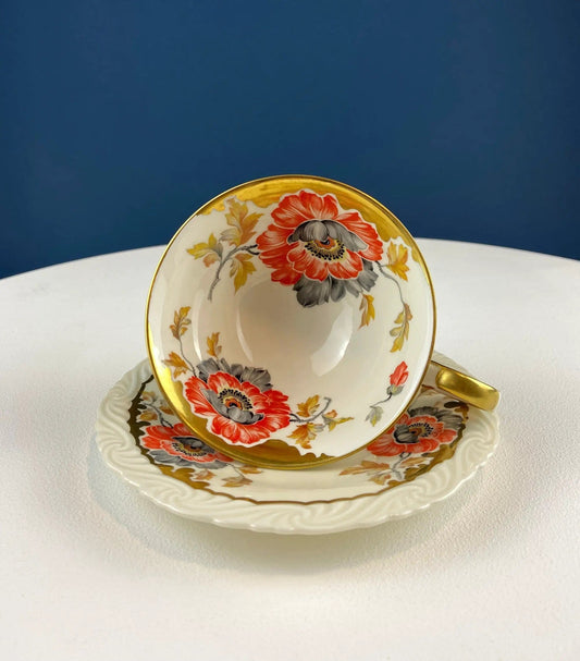 Vintage OST Mark SF Tea Cup with Saucer | Stunning Hand Painted Poppies and Rich Gold Rim | Collectible Tea Set | Collectors & Hosts
