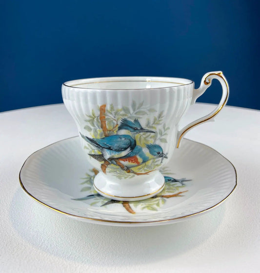 Vintage Cup and Saucer with Blue Birds | Birds of America | Pair of Kingfishers | Gift for Dad, Fisherman, Bird Lover