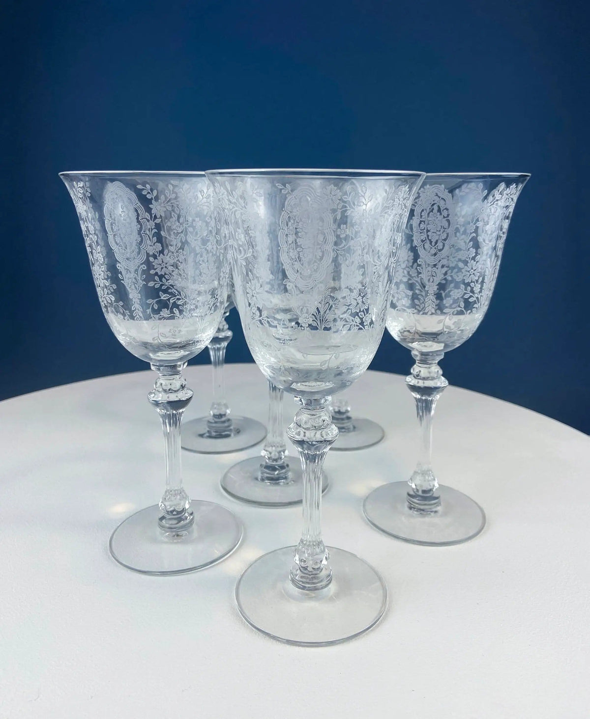 Tiffin-Franciscan Wine Goblets | Etched June Night Pattern | Collectible Stemware | Collectors & Hosts