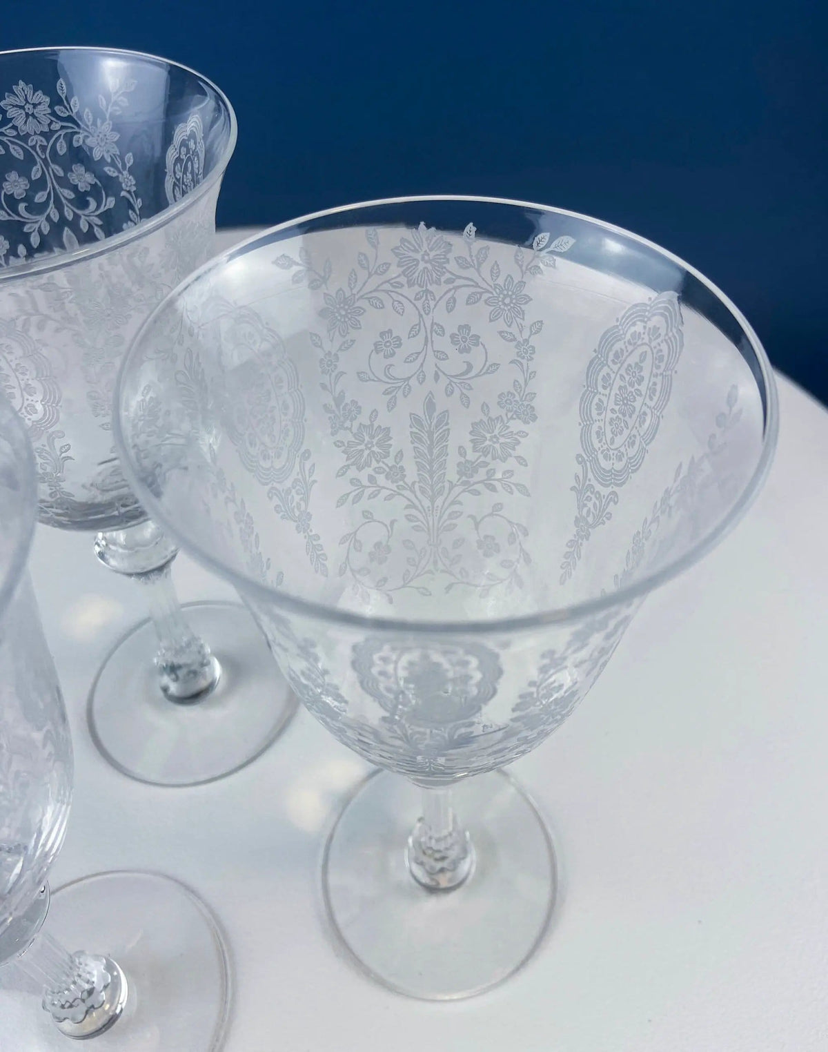 Tiffin-Franciscan Wine Goblets | Etched June Night Pattern | Collectible Stemware | Collectors & Hosts