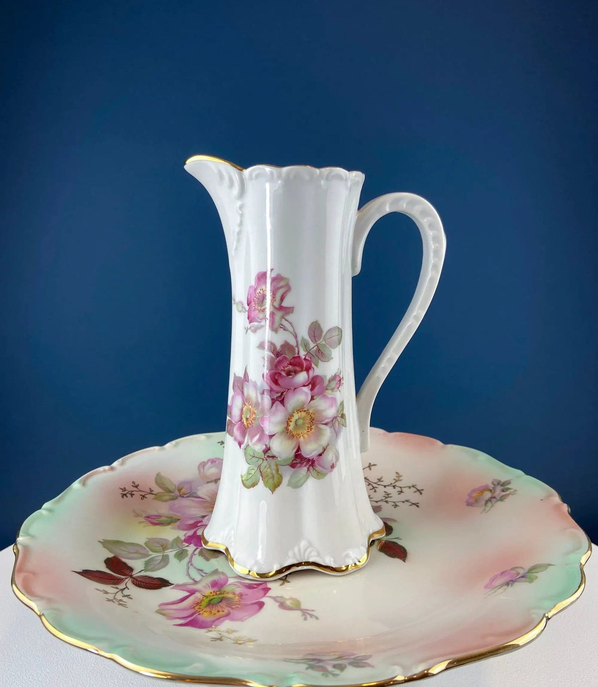 Tall, 11-Inch Antique Hand Painted Hot Chocolate Pot | Stunning Peach Color Roses | Collectible Fine Bone China | Collectors & Hosts