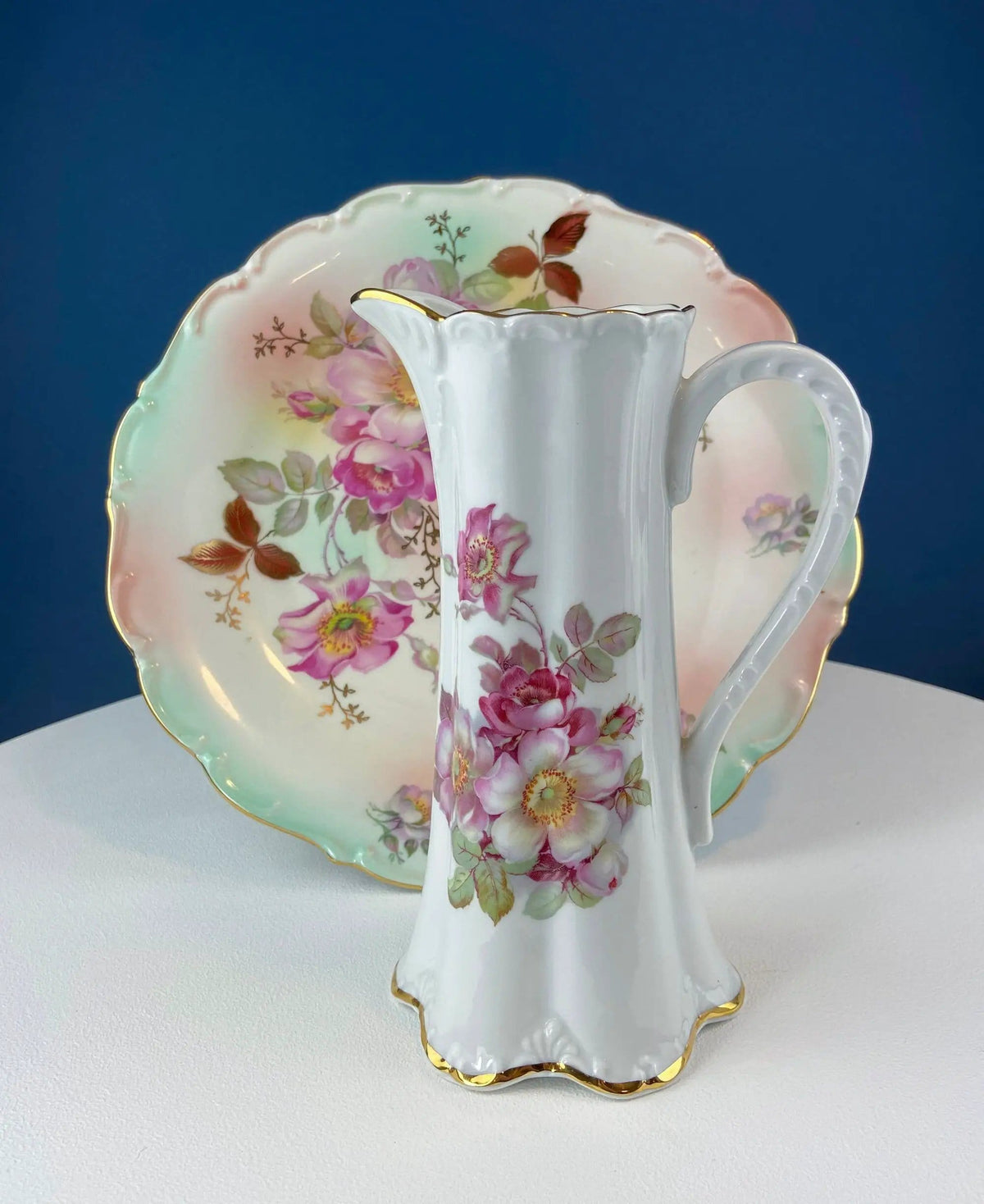Tall, 11-Inch Antique Hand Painted Hot Chocolate Pot | Stunning Peach Color Roses | Collectible Fine Bone China | Collectors & Hosts
