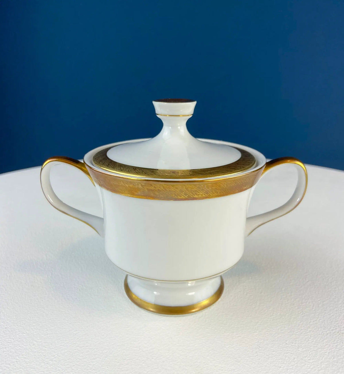 Oval Serving Bowl | White Porcelain | Embossed Gold Band | 9 3/4 In